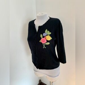 VTG KIKIT Maurice Sasson Floral Applique Cardigan Sweater Stretch Lace Light M